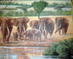 Detail of the elephants, some Thompson gazelles and birds in the distance